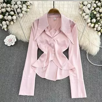 Осенняя европейская и американская ретро-лацкан с длинными рукавами, облегающая розовая рубашка нерегулярной формы, повседневный короткий топ в западном стиле