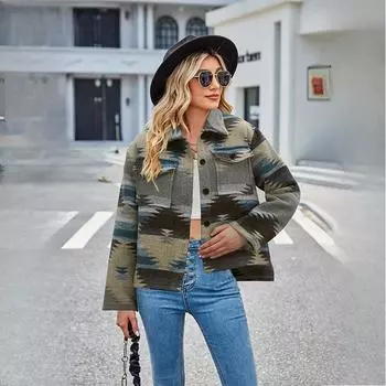 Осенняя европейская и американская женская свободная куртка с геометрическим узором, лацкан, женское шерстяное пальто для женщин XL синий