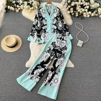 Осенняя европейская модная ретро-принт с длинными рукавами, новая рубашка с лацканами, широкие брюки, комплект из двух предметов