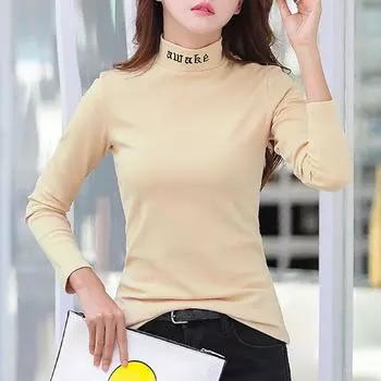 Осенняя флокированная рубашка с воротником половинной высоты и длинными рукавами, женская корейская тонкая универсальная рубашка с вышитыми буквами M чёрный