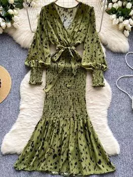 Осенняя Франция мода элегантное платье для пожилых женщин дизайн рукав-фонарик талия одежда женские облегающие винтажные шикарные платья новые M чёрный