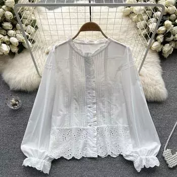 Осенняя французская белая деревянная кайма с длинными рукавами, милая темпераментная маленькая рубашка, однобортные маленькие свежие сказочные топы