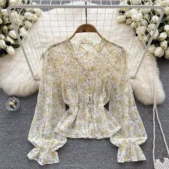 Осенняя французская милая цветочная труба с новой талией и тонкой короткой шикарной рубашкой