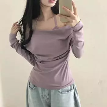 Осенняя французская мода ретро сексуальные топы женские элегантные тонкие поддельные двухсекционные футболки уличная одежда новый дизайн шикарная красивая одежда 2024 S фиолетовый