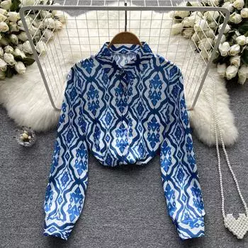 Осенняя французская ретро-темпераментная новая женская рубашка в западном стиле с красивым принтом и длинными рукавами, топ