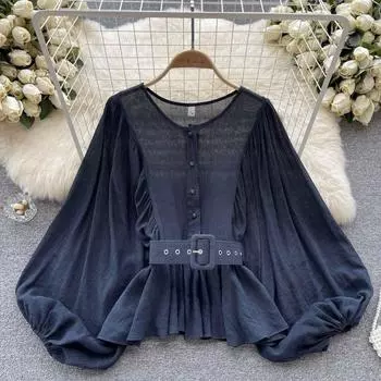 Осенняя французская рубашка премиум-класса с нишевыми рукавами-фонариками и плиссированной рубашкой с рюшами для женщин One Size темно-синий