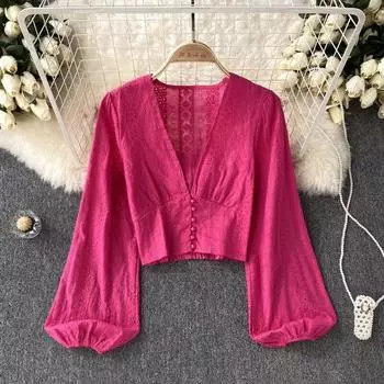 Осенняя французская женская темпераментная дизайнерская рубашка с полыми рукавами-фонариками, милая короткая шикарная рубашка