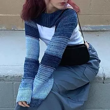 Осенняя футболка 2022 года, уличная одежда, вязаный крючком, лоскутный вязаный халат, топ, супер короткие джемперы с длинными рукавами, женская мода, эстетичная S коричневый