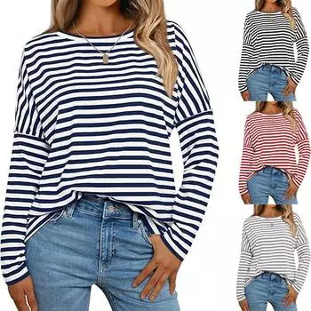 Осенняя футболка больших размеров в полоску, повседневная, с длинным рукавом, с круглым вырезом и заниженной линией плеч S синий