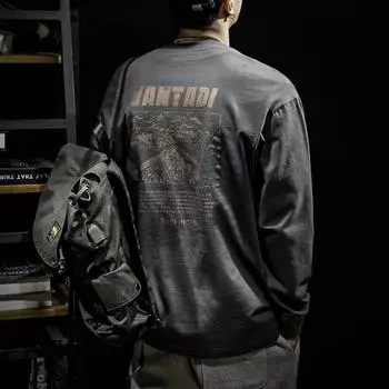 Осенняя футболка из чистого хлопка в стиле ретро с длинными рукавами, мужская модная брендовая свободная футболка большого размера с утолщением, весна и осень, свитер с низом и верхом M серый