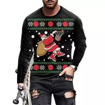 Осенняя футболка, новая мужская футболка с длинным рукавом и цифровым принтом, свободная толстовка с круглым вырезом и рождественским принтом, 3D футболка XS