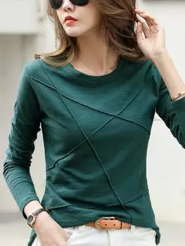 Осенняя футболка с длинным рукавом и круглым вырезом из бамбукового хлопка, элегантная свободная ребристая модная футболка, простые женские топы XXXXL зелёный