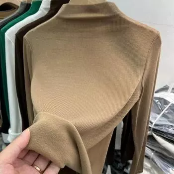 Осенняя футболка с длинным рукавом и полувысоким воротом для женщин, зимняя новая повседневная футболка с длинным рукавом для женщин, модные однотонные футболки-пуловеры 25038 S светло-серый