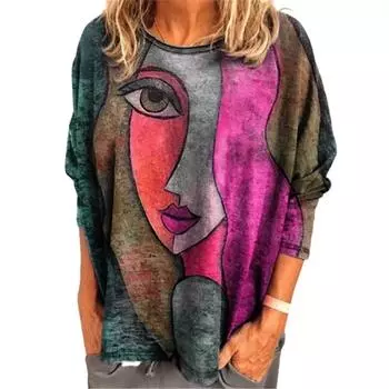 Осенняя футболка с длинным рукавом и принтом лица, женский повседневный уличный пуловер, свободные топы, осенние женские футболки, одежда S