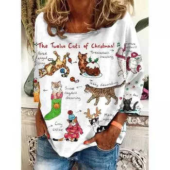 Осенняя футболка с длинным рукавом с милым принтом кота для женщин, рождественский топ с принтом животных, модная женская одежда больших размеров, хлопковые футболки S