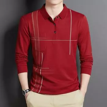 Осенняя футболка с длинными рукавами и лацканами из хлопка, нижняя часть рубашки для мужчин среднего и пожилого возраста M