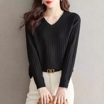 Осенняя футболка с длинными рукавами, женская утягивающая рубашка, новый иностранный стиль, замедляющий старение свободный верх, V-образный вырез, вязаный свитер M