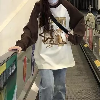 Осенняя Харадзюку Цветная строчка Женская Повседневная Футболка большого размера Винтажная футболка с принтом мультяшного кота Футболки с длинным рукавом Уличная одежда Y2k Топ M