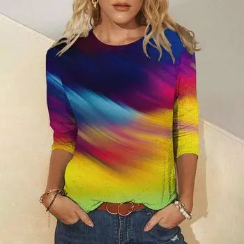 Осенняя хлопковая футболка с длинными рукавами Женские футболки с принтом «тай-дай» Модные тенденции Женская одежда Топы Свободные женские свитшоты S