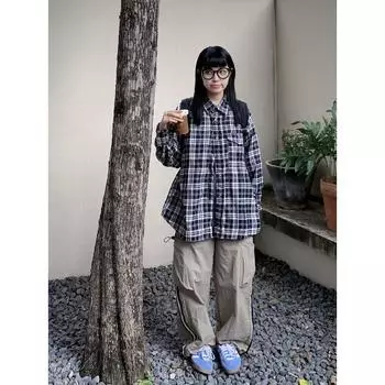 Осенняя хлопковая клетчатая рубашка с длинными рукавами для мужчин и женщин, нейтральная свободная повседневная рубашка, модное пальто для пары, топ M чёрный