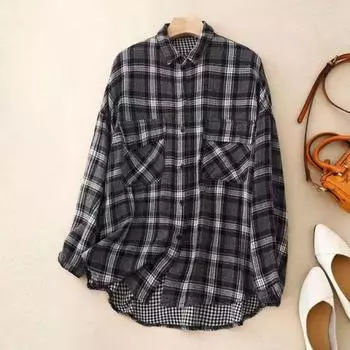 Осенняя хлопковая льняная художественная свободная клетчатая рубашка с длинными рукавами, свободная повседневная рубашка, топ для женщин, блузки и рубашки M жёлтый