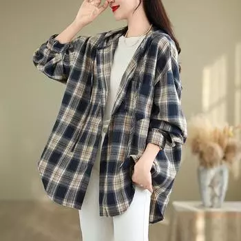 Осенняя хлопковая льняная клетчатая блузка с капюшоном на пуговицах, большой размер, художественная рубашка с длинными рукавами, топ для женщин M красный