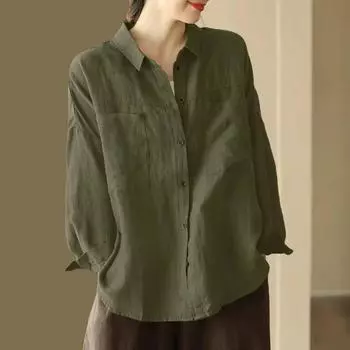 Осенняя хлопковая льняная ретро-блузка с воротником-стойкой и карманом, с длинными рукавами, повседневная рубашка Блузки и рубашки M темно-зеленого