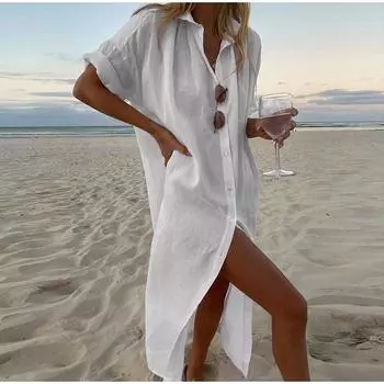 Осенняя хлопковая льняная женская длинная блузка с отложным воротником, модные элегантные свободные женские блузки S белый