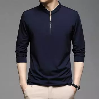 Осенняя хлопковая мужская футболка с длинными рукавами и застежкой-молнией на половину длины, рубашка-стойка, молодежная однотонная повседневная мужская одежда M