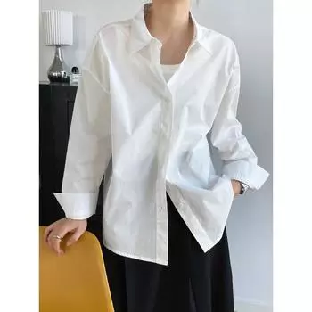 Осенняя хлопковая однотонная рубашка с длинными рукавами, женская простая свободная верхняя одежда, повседневная рубашка M белый