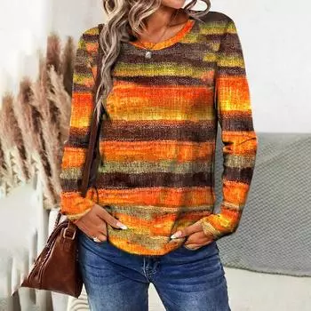 Осенняя хлопковая женская футболка с длинным рукавом, свитер с полосатым принтом, женская свободная одежда, повседневная уличная одежда с круглым вырезом, футболки, топы S
