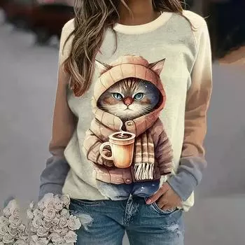 Осенняя хлопковая женская футболка с длинным рукавом и принтом кота, уличная мода, футболка с круглым вырезом и рисунком из мультфильма, женская свободная одежда, повседневные топы S