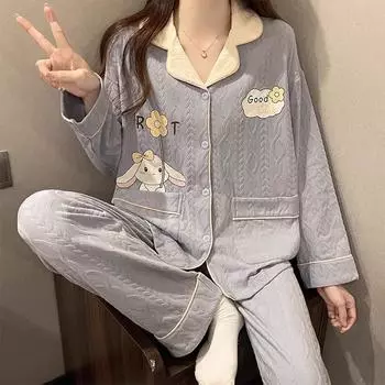 Осенняя хлопковая женская пижама с длинными рукавами, двухсекционная шелковая пижама, женская домашняя одежда, комплект из пижам и брюк M синий