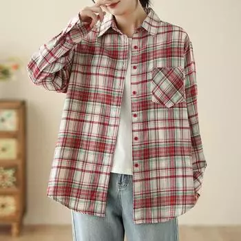 Осенняя художественная свободная рубашка в клетку с длинными рукавами женская блузка в сетку рубашка топ M красный