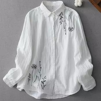 Осенняя художественная свободная вышитая хлопковая пряжа с лацканами и длинными рукавами женская рубашка, топ, блузки и рубашки M белый
