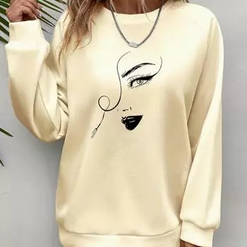 Осенняя и весенняя одежда Красивый женский профиль Принт Свитер Топы для женщин Круглый вырез Длинный рукав XS чёрный