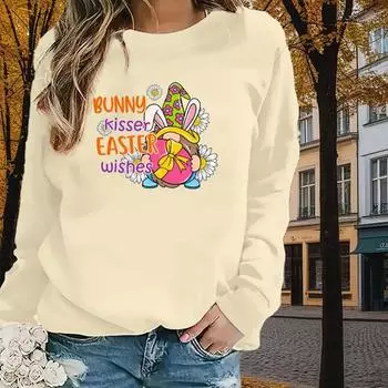 Осенняя и весенняя одежда Пасхальные шапки Принт свитер Топы для женщин Круглый вырез Длинный рукав XS чёрный