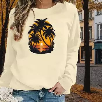 Осенняя и весенняя одежда с принтом кокосовой пальмы и заката, топы-свитера для женщин с круглым вырезом и длинным рукавом XS чёрный