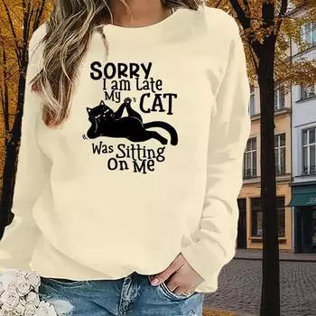 Осенняя и весенняя одежда. Топы с принтом лежащего кота для женщин. Круглый вырез, длинный рукав. XS чёрный