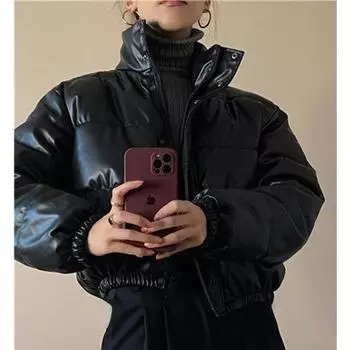 Осенняя и зимняя хлопковая одежда, новая черная короткая хлопковая куртка из искусственной кожи, женская тонкая утолщенная одежда из хлеба, утолщенная куртка для женщин S чёрный