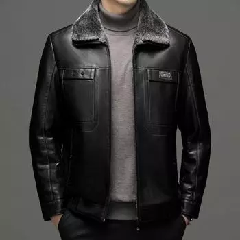 Осенняя и зимняя кожаная куртка для мужчин среднего возраста с утолщенным мехом для папы L