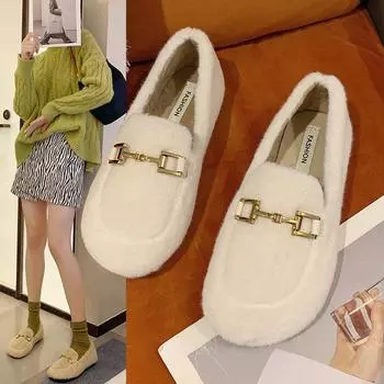 Осенняя и зимняя мода Женская повседневная обувь Плюс Бархатная обувь с плоской подошвой Для ходьбы Лоферы 35 белый