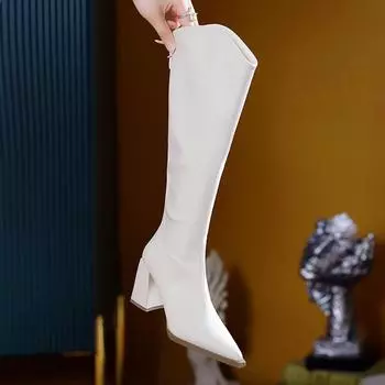 Осенняя и зимняя обувь больших размеров, удобные, остроносые, на высоком каблуке, женские длинные сапоги с толстым каблуком и толстой подошвой 35 коричневый