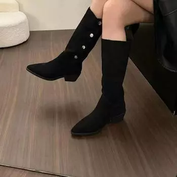 Осенняя и зимняя обувь больших размеров, удобная, с острым носком, на толстом каблуке, на толстой подошве, джинсовая обувь средней высоты, на высоком каблуке, женские ботинки 35 чёрный