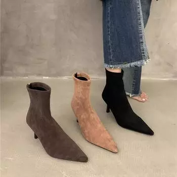 Осенняя и зимняя обувь больших размеров, удобные женские сапоги на шпильках, с острым носком и короткими рукавами 35 чёрный