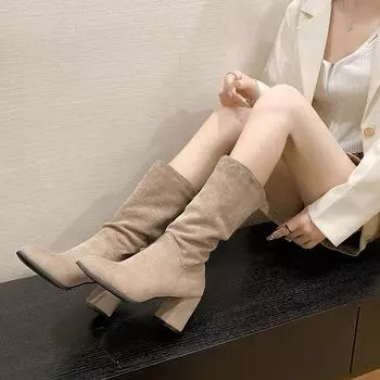 Осенняя и зимняя обувь больших размеров, удобные, на толстой подошве, в стиле ретро, с острым носком, на толстом каблуке, женские сапоги на высоком каблуке 35 абрикосовый