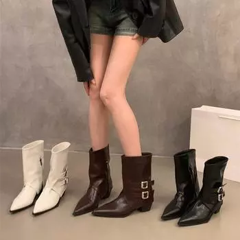 Осенняя и зимняя обувь больших размеров, удобные остроносые ботильоны на высоком каблуке, женские ботинки-трубы с пряжкой на ремне в стиле ретро 35 коричневый