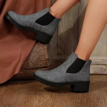 Осенняя и зимняя обувь больших размеров, удобные ботинки с круглым носком и толстым каблуком, эластичные женские ботинки 35 синий