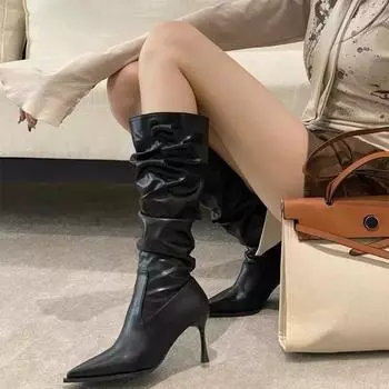 Осенняя и зимняя обувь больших размеров, удобные, на тонком каблуке, гладкие, на высоком каблуке, женские сапоги 35 чёрный
