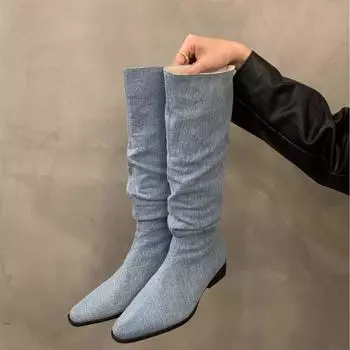 Осенняя и зимняя обувь больших размеров, удобные, на толстой подошве, с толстым каблуком, высокие, ретро, плиссированные, длинные, женские сапоги 35 чёрный